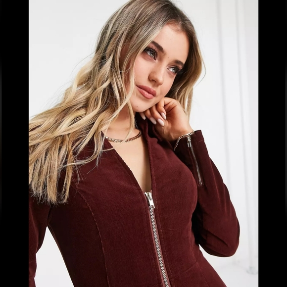 ASOS Design cord zip through mini dress in rust NWOT - Picture 2 of 4